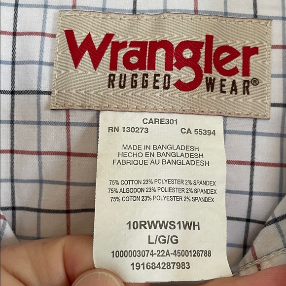 Men's L Wrangler White check Button down short sleeve Shirt left breast pocket - Picture 2 of 10